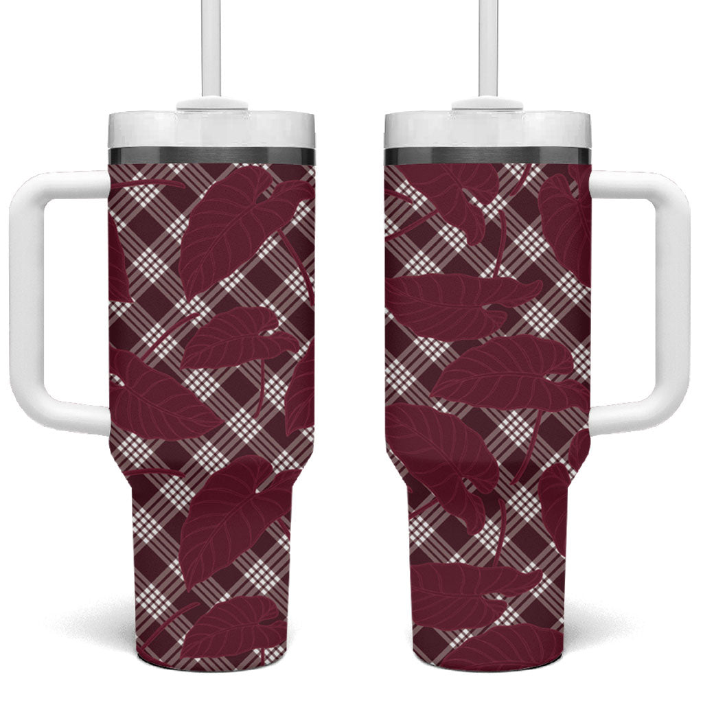 Burgundy Hawaii Kalo Palaka Motifs Tumbler With Handle Hawaiian Taro Leaves Elegant Vibes LT14 One Size: 40 oz Burgundy - Polynesian Pride