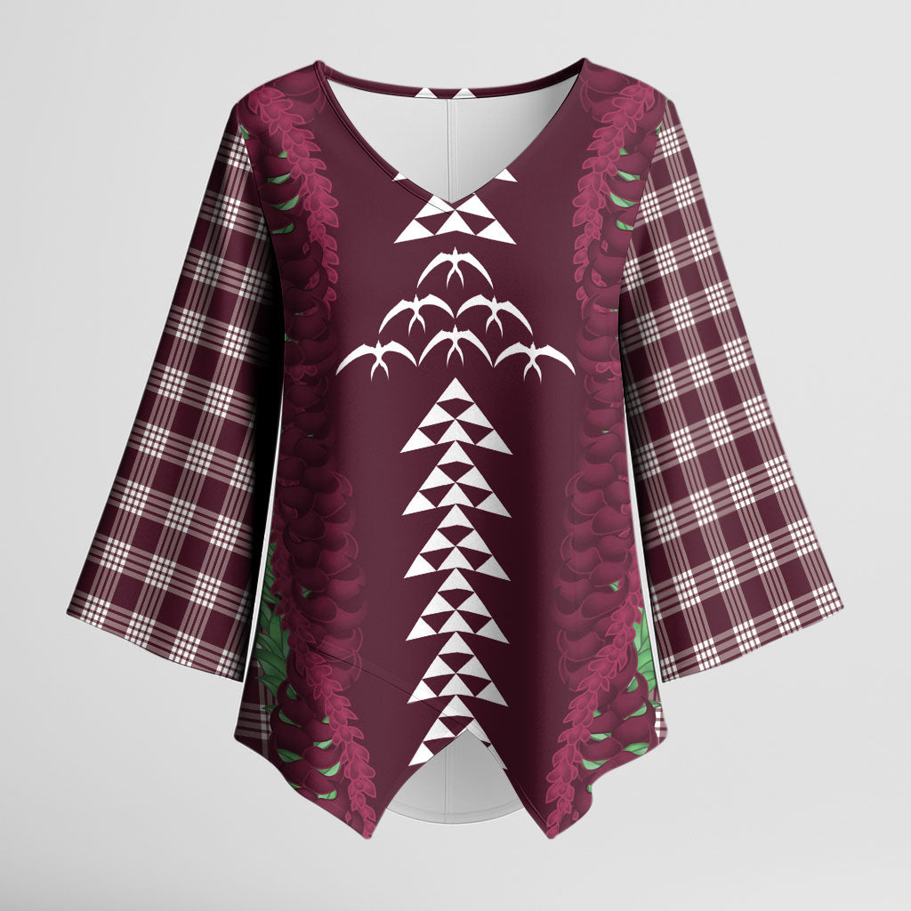 Burgundy Palaka Hawaii Iwa Bird Kimono Sleeve Blouse Hawaiian Kakau Jade Vine Lei LT14 Female Burgundy - Polynesian Pride