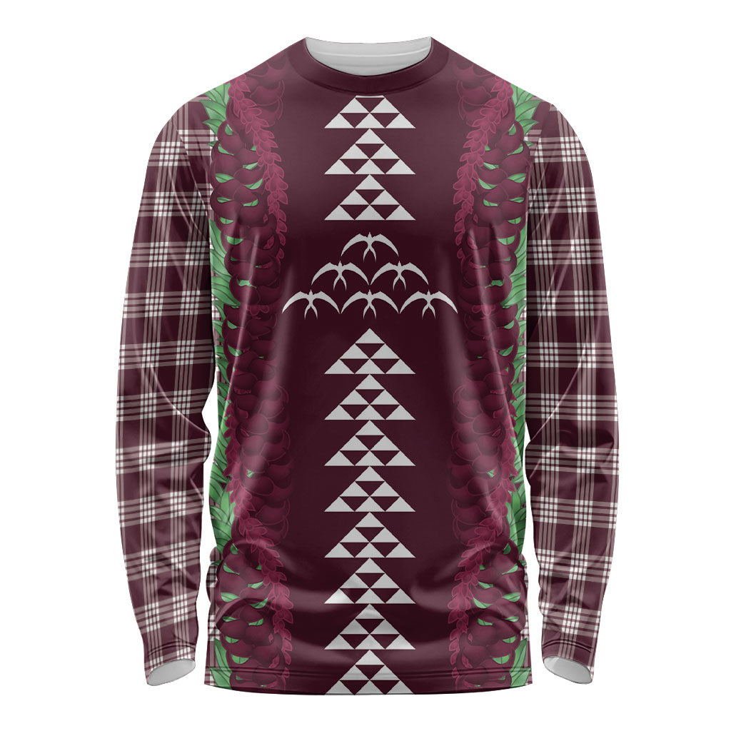 Burgundy Palaka Hawaii Iwa Bird Long Sleeve Shirt Hawaiian Kakau Jade Vine Lei LT14 Unisex Burgundy - Polynesian Pride