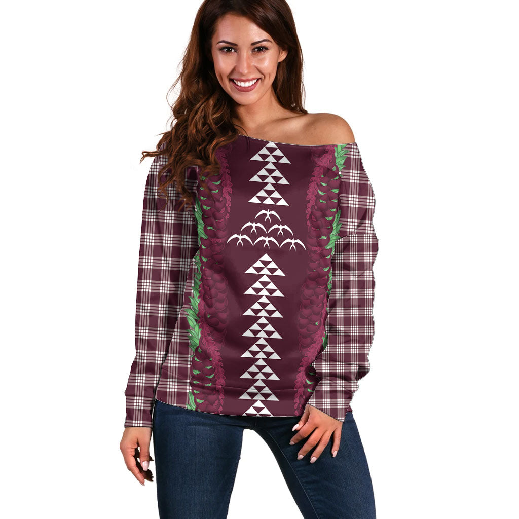 Burgundy Palaka Hawaii Iwa Bird Off Shoulder Sweater Hawaiian Kakau Jade Vine Lei LT14 Women Burgundy - Polynesian Pride