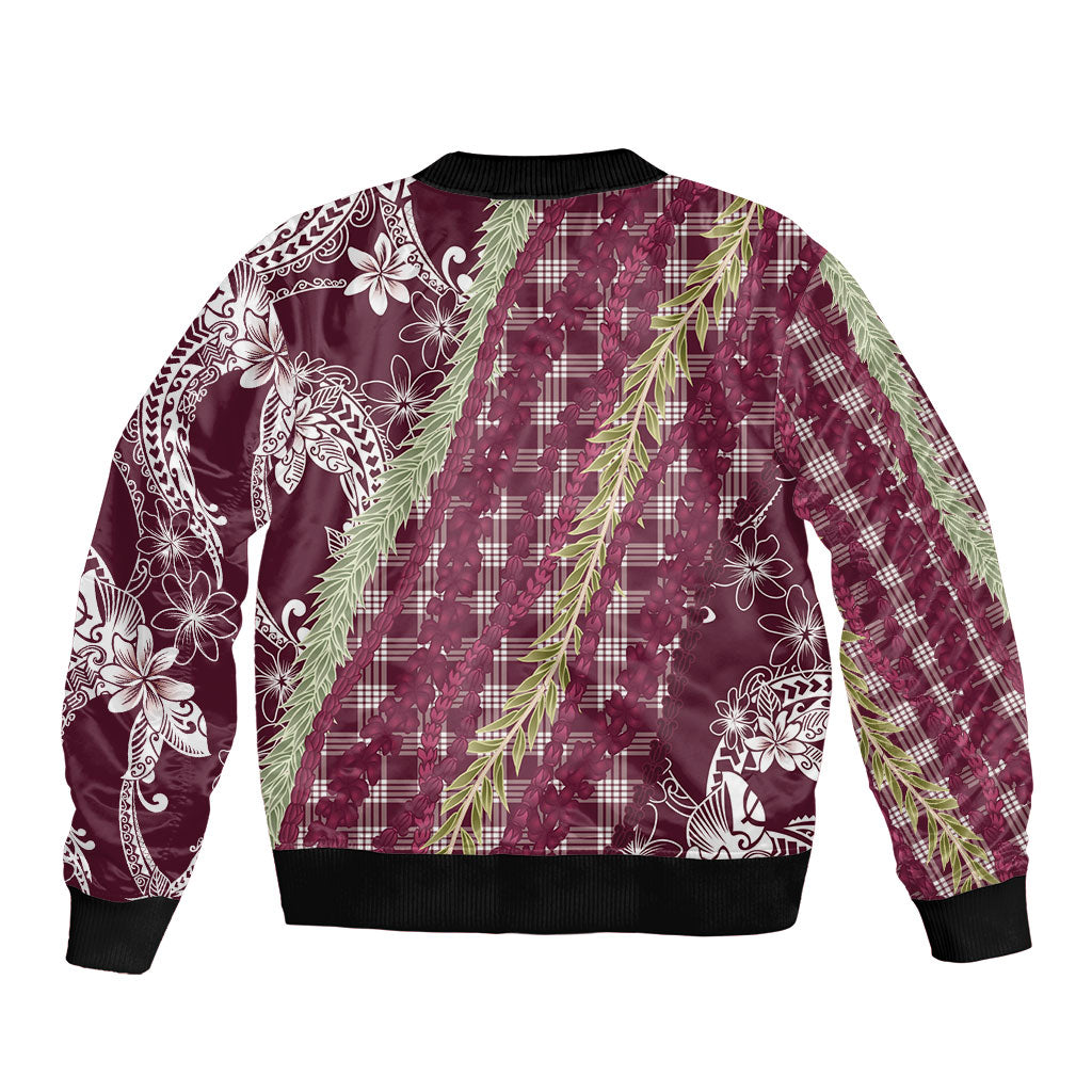 Burgundy Palaka Hawaii Leis Bomber Jacket Hawaiian-plaid Elegant Tropical Vibes LT14 - Polynesian Pride