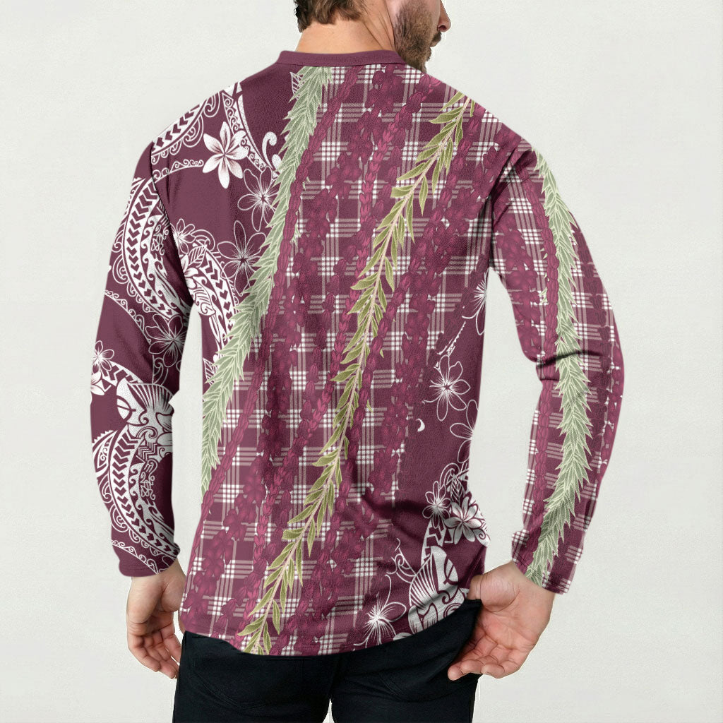 Burgundy Palaka Hawaii Leis Button Sweatshirt Hawaiian-plaid Elegant Tropical Vibes LT14 - Polynesian Pride