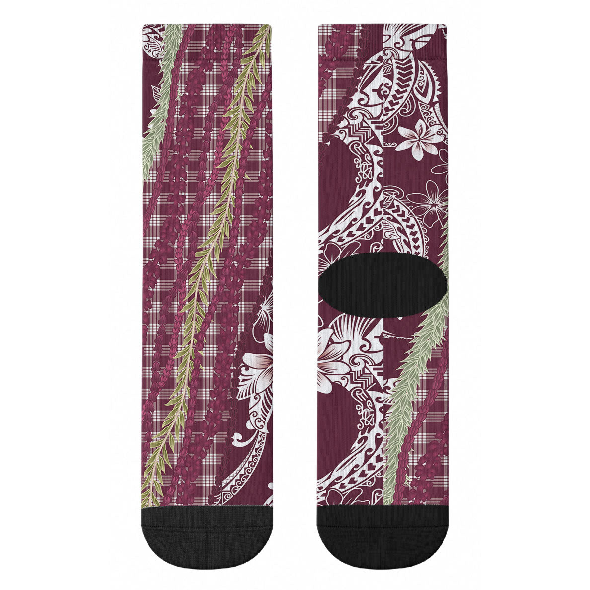 Burgundy Palaka Hawaii Leis Crew Socks Hawaiian-plaid Elegant Tropical Vibes LT14 - Polynesian Pride