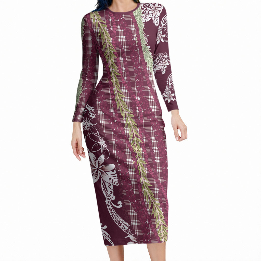 Burgundy Palaka Hawaii Leis Long Sleeve Bodycon Dress Hawaiian-plaid Elegant Tropical Vibes LT14 Long Dress Burgundy - Polynesian Pride
