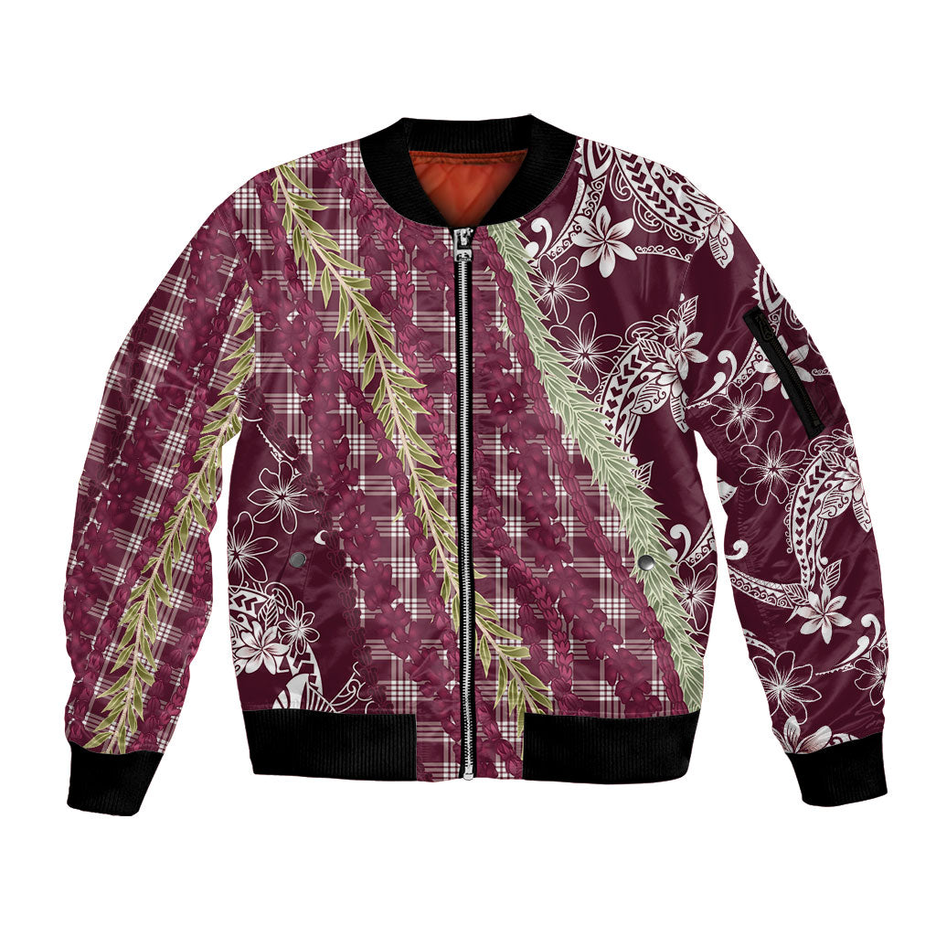 Burgundy Palaka Hawaii Leis Sleeve Zip Bomber Jacket Hawaiian-plaid Elegant Tropical Vibes LT14 Unisex Burgundy - Polynesian Pride