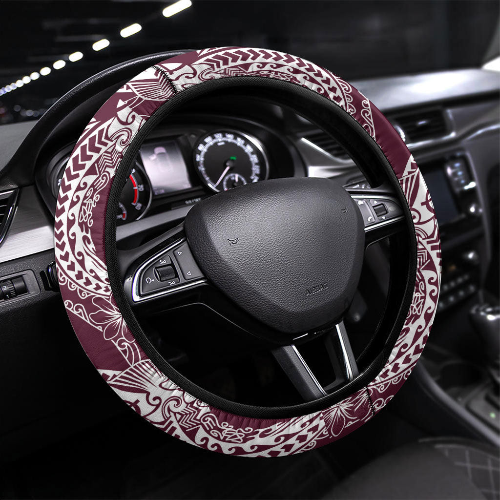 Burgundy Palaka Hawaii Leis Steering Wheel Cover Hawaiian-plaid Elegant Tropical Vibes LT14 Universal Fit Burgundy - Polynesian Pride