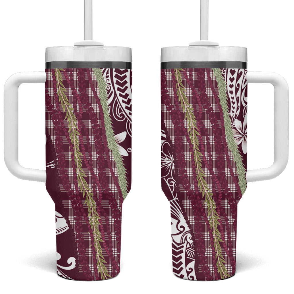 Burgundy Palaka Hawaii Leis Tumbler With Handle Hawaiian-plaid Elegant Tropical Vibes LT14 One Size: 40 oz Burgundy - Polynesian Pride