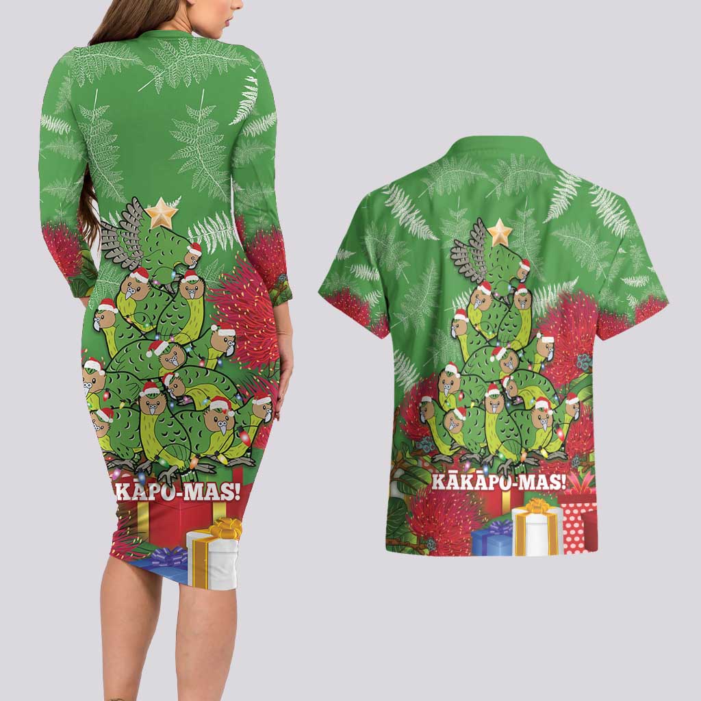 Kakapo New Zealand Christmas Couples Matching Long Sleeve Bodycon Dress and Hawaiian Shirt Meri Kirihimete Pohutukawa - Green Color