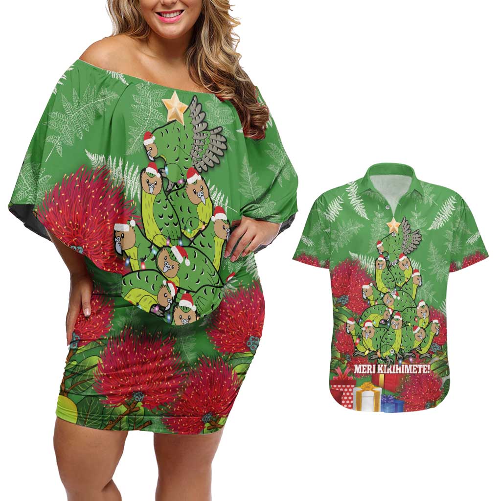 Kakapo New Zealand Christmas Couples Matching Off Shoulder Short Dress and Hawaiian Shirt Meri Kirihimete Pohutukawa - Green Color LT14 Green - Polynesian Pride