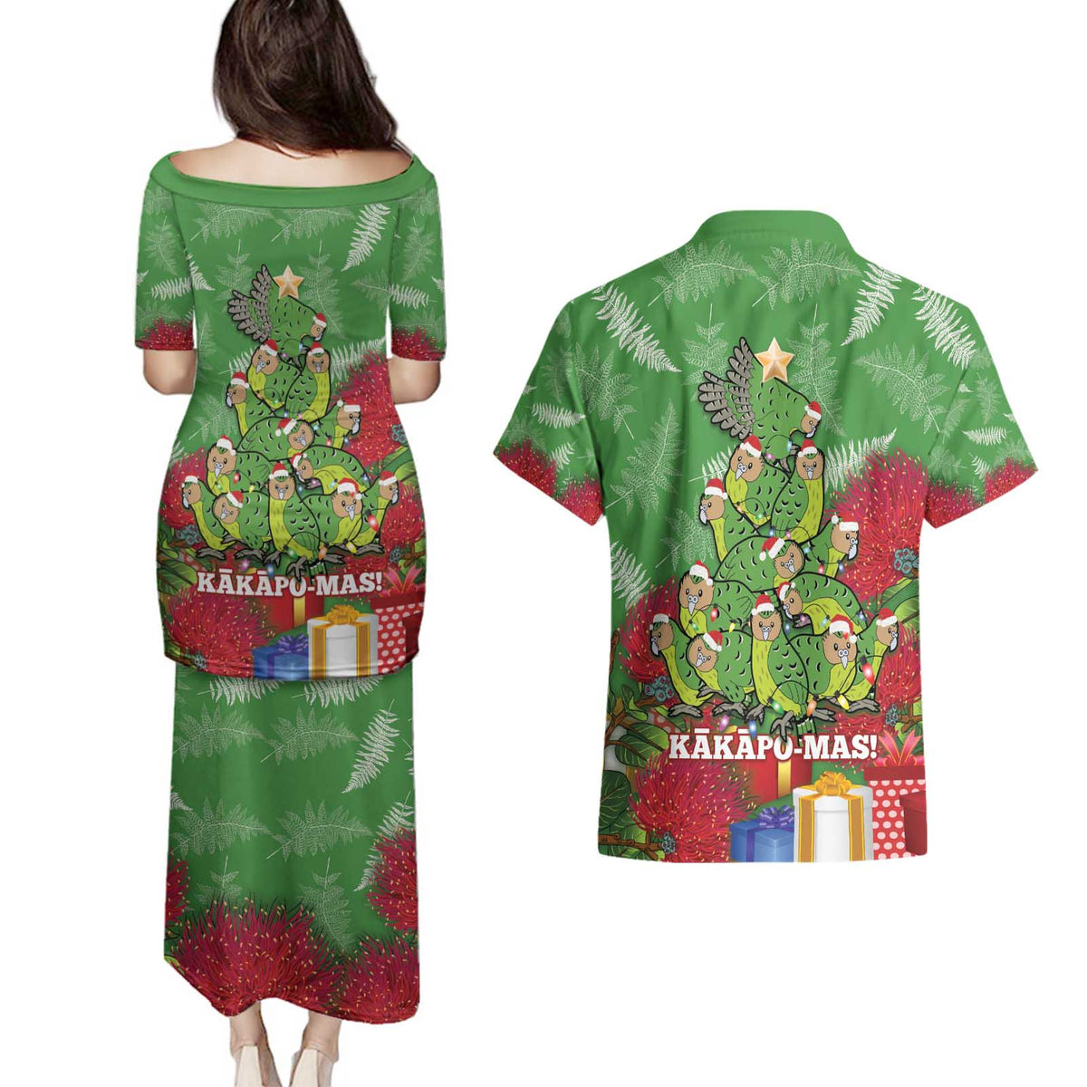 Kakapo New Zealand Christmas Couples Matching Puletasi and Hawaiian Shirt Meri Kirihimete Pohutukawa - Green Color LT14 - Polynesian Pride