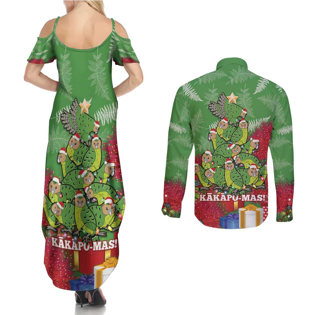 Kakapo New Zealand Christmas Couples Matching Summer Maxi Dress and Long Sleeve Button Shirt Meri Kirihimete Pohutukawa - Green Color