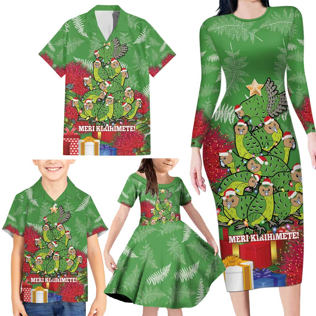 Kakapo New Zealand Christmas Family Matching Long Sleeve Bodycon Dress and Hawaiian Shirt Meri Kirihimete Pohutukawa - Green Color LT14 - Polynesian Pride