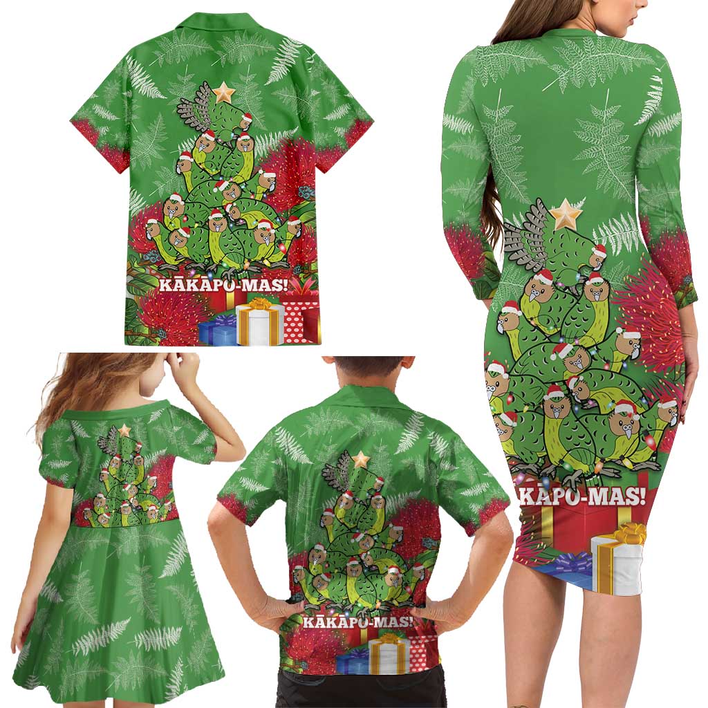 Kakapo New Zealand Christmas Family Matching Long Sleeve Bodycon Dress and Hawaiian Shirt Meri Kirihimete Pohutukawa - Green Color LT14 - Polynesian Pride