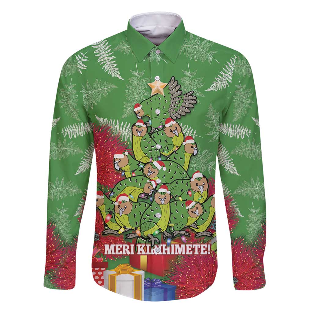 Kakapo New Zealand Christmas Family Matching Long Sleeve Bodycon Dress and Hawaiian Shirt Meri Kirihimete Pohutukawa - Green Color LT14 Dad's Shirt - Long Sleeve Green - Polynesian Pride