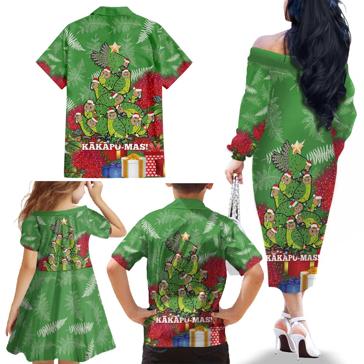 Kakapo New Zealand Christmas Family Matching Off The Shoulder Long Sleeve Dress and Hawaiian Shirt Meri Kirihimete Pohutukawa - Green Color