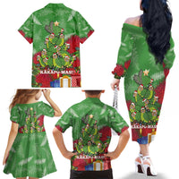 Kakapo New Zealand Christmas Family Matching Off The Shoulder Long Sleeve Dress and Hawaiian Shirt Meri Kirihimete Pohutukawa - Green Color