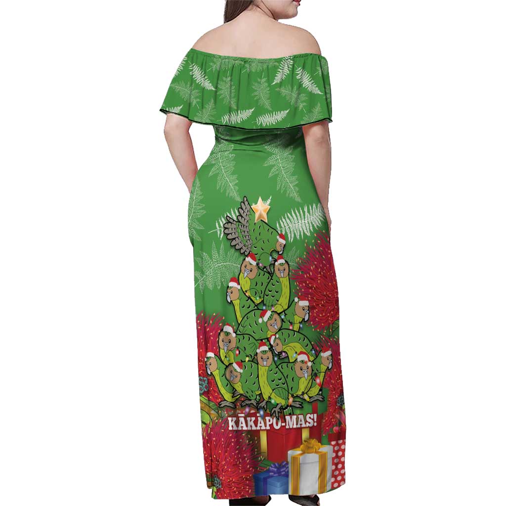 Kakapo New Zealand Christmas Family Matching Off Shoulder Maxi Dress and Hawaiian Shirt Meri Kirihimete Pohutukawa - Green Color