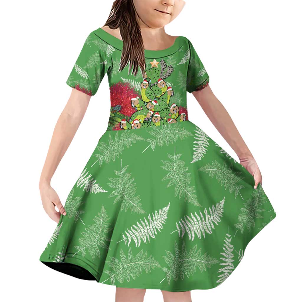 Kakapo New Zealand Christmas Family Matching Off Shoulder Short Dress and Hawaiian Shirt Meri Kirihimete Pohutukawa - Green Color