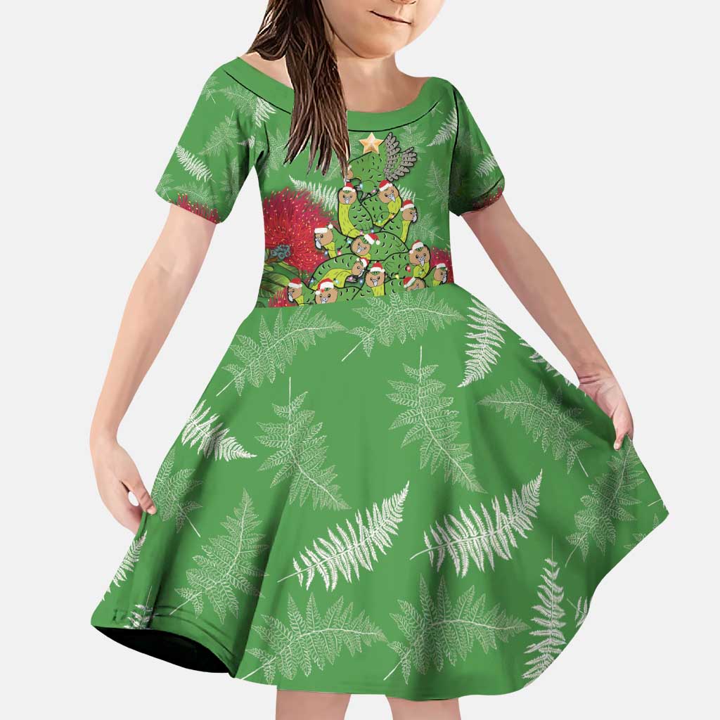 Kakapo New Zealand Christmas Family Matching Puletasi and Hawaiian Shirt Meri Kirihimete Pohutukawa - Green Color LT14 Daughter's Dress Green - Polynesian Pride