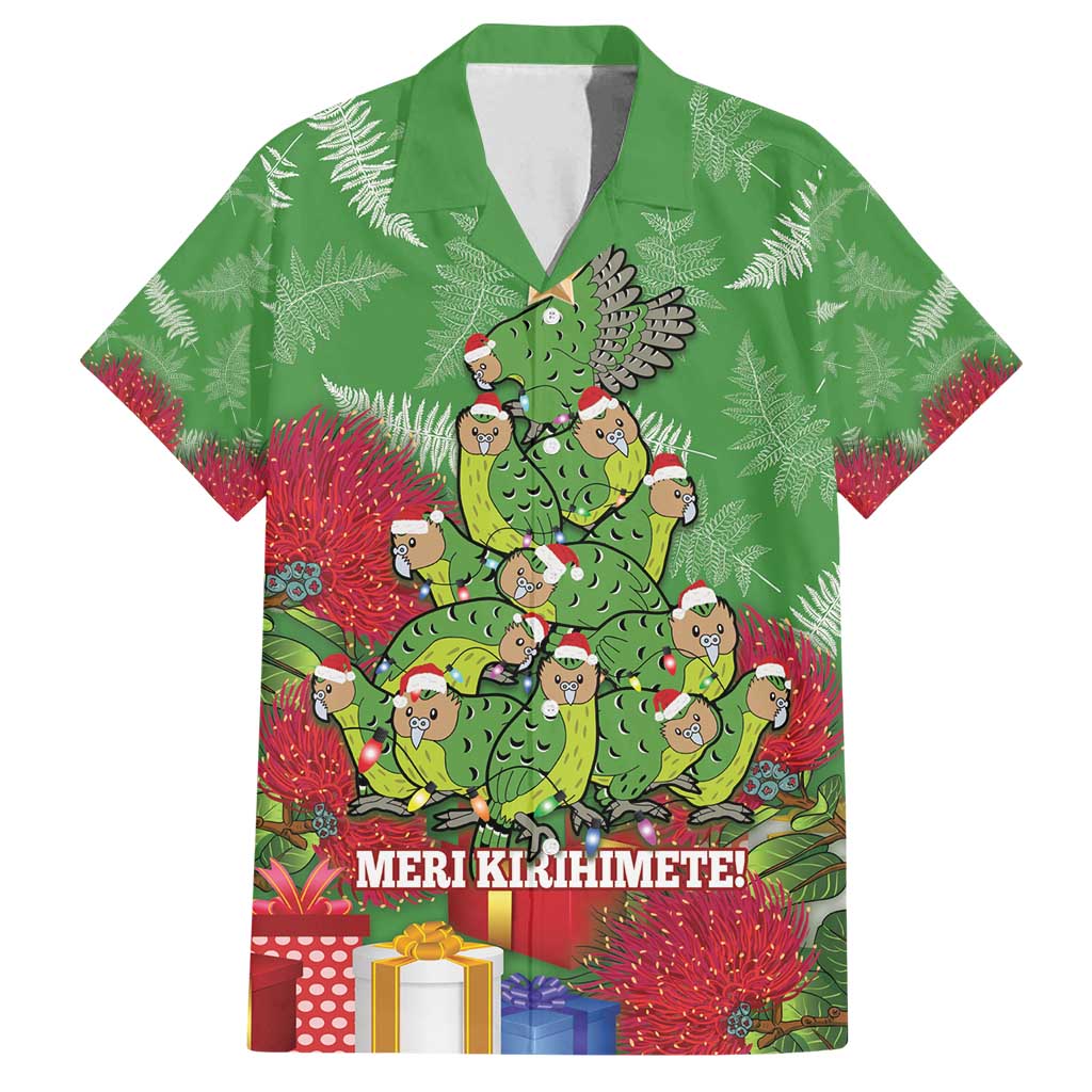 Kakapo New Zealand Christmas Family Matching Puletasi and Hawaiian Shirt Meri Kirihimete Pohutukawa - Green Color LT14 Dad's Shirt - Short Sleeve Green - Polynesian Pride
