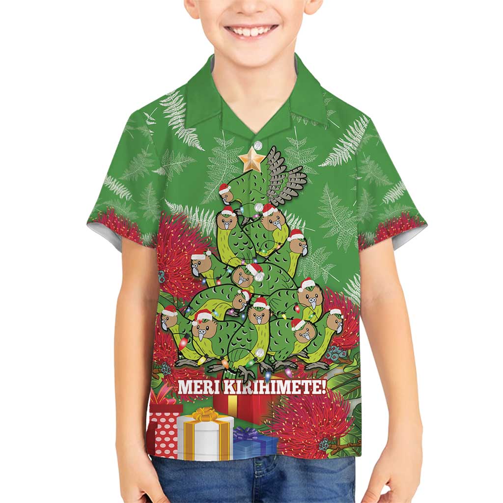 Kakapo New Zealand Christmas Family Matching Puletasi and Hawaiian Shirt Meri Kirihimete Pohutukawa - Green Color LT14 Son's Shirt Green - Polynesian Pride