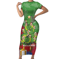 Kakapo New Zealand Christmas Family Matching Short Sleeve Bodycon Dress and Hawaiian Shirt Meri Kirihimete Pohutukawa - Green Color