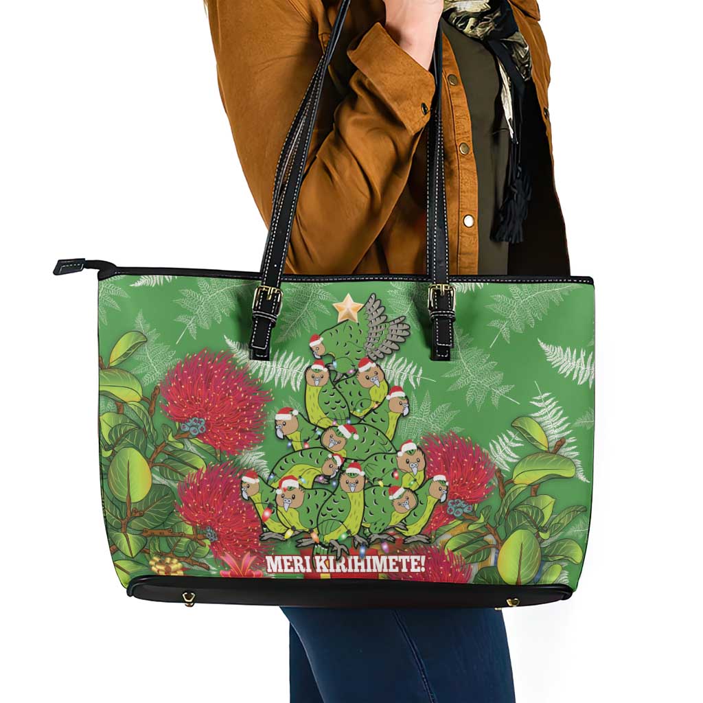 Kakapo New Zealand Christmas Leather Tote Bag Meri Kirihimete Pohutukawa - Green Color LT14 - Polynesian Pride