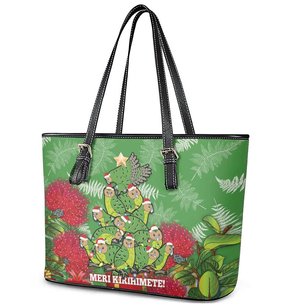 Kakapo New Zealand Christmas Leather Tote Bag Meri Kirihimete Pohutukawa - Green Color LT14 - Polynesian Pride