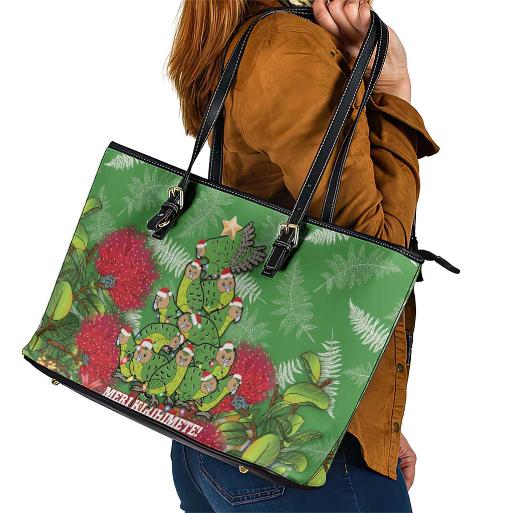 Kakapo New Zealand Christmas Leather Tote Bag Meri Kirihimete Pohutukawa - Green Color LT14 - Polynesian Pride