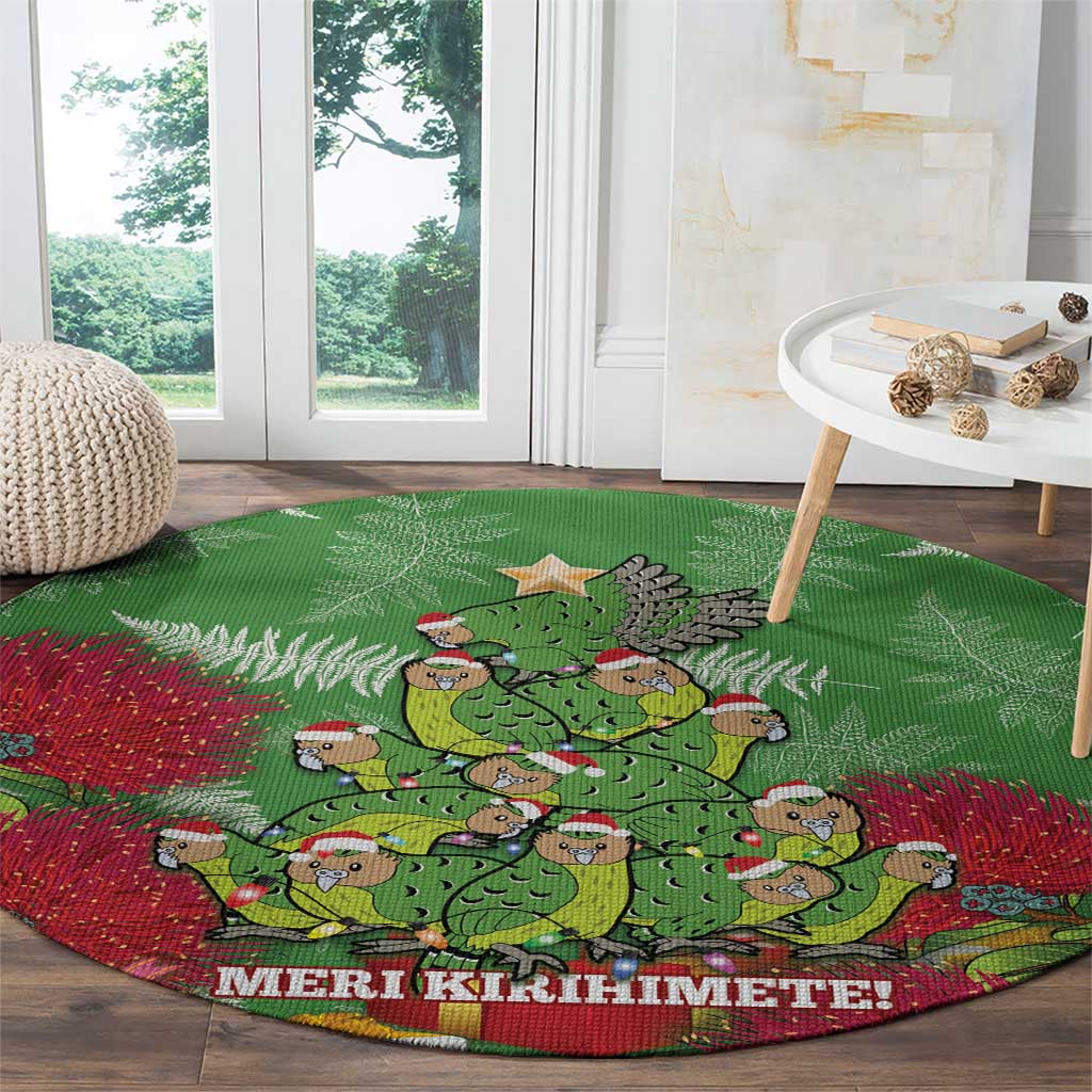 Kakapo New Zealand Christmas Round Carpet Meri Kirihimete Pohutukawa - Green Color