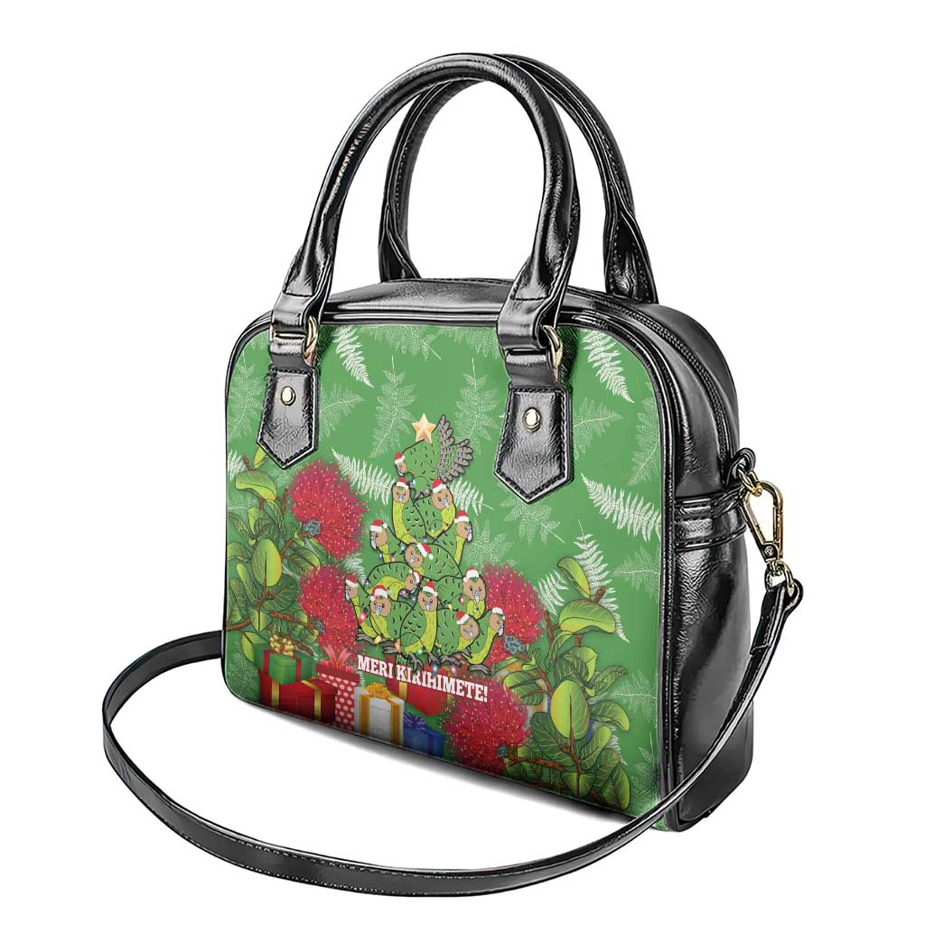 Kakapo New Zealand Christmas Shoulder Handbag Meri Kirihimete Pohutukawa - Green Color
