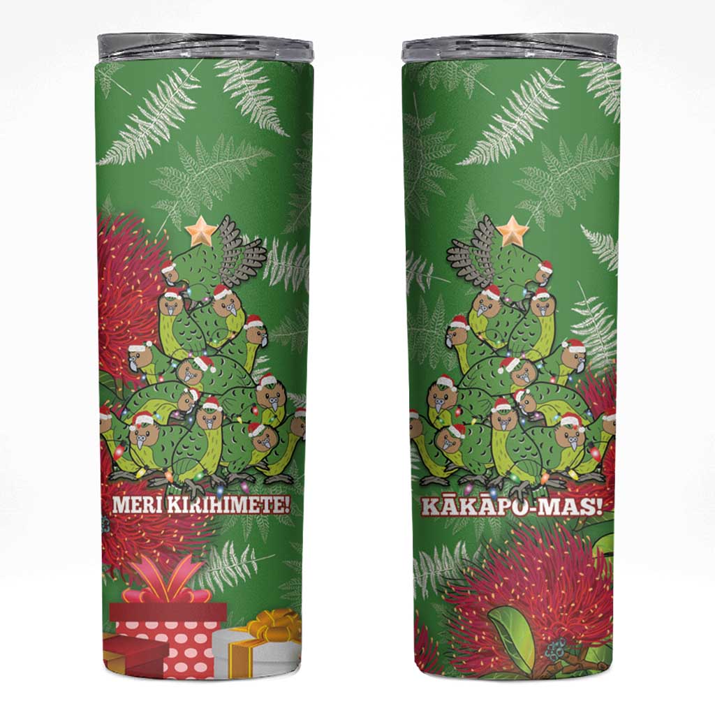 Kakapo New Zealand Christmas Skinny Tumbler Meri Kirihimete Pohutukawa - Green Color