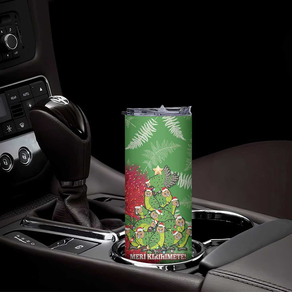Kakapo New Zealand Christmas Skinny Tumbler Meri Kirihimete Pohutukawa - Green Color