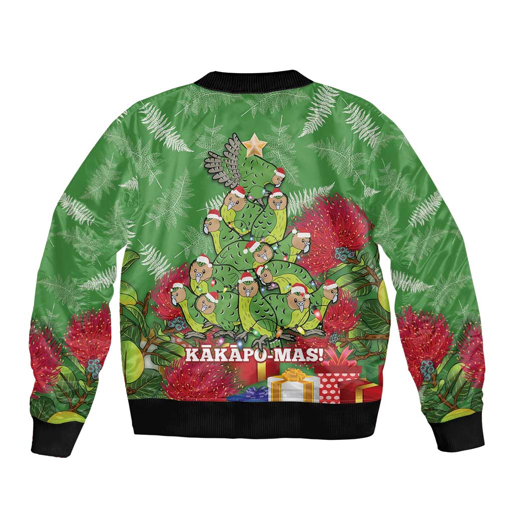 Kakapo New Zealand Christmas Sleeve Zip Bomber Jacket Meri Kirihimete Pohutukawa - Green Color