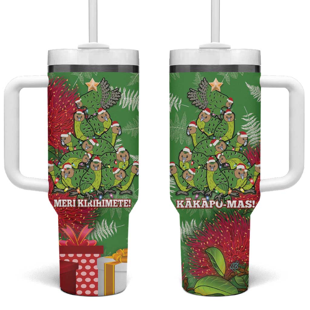 Kakapo New Zealand Christmas Tumbler With Handle Meri Kirihimete Pohutukawa - Green Color