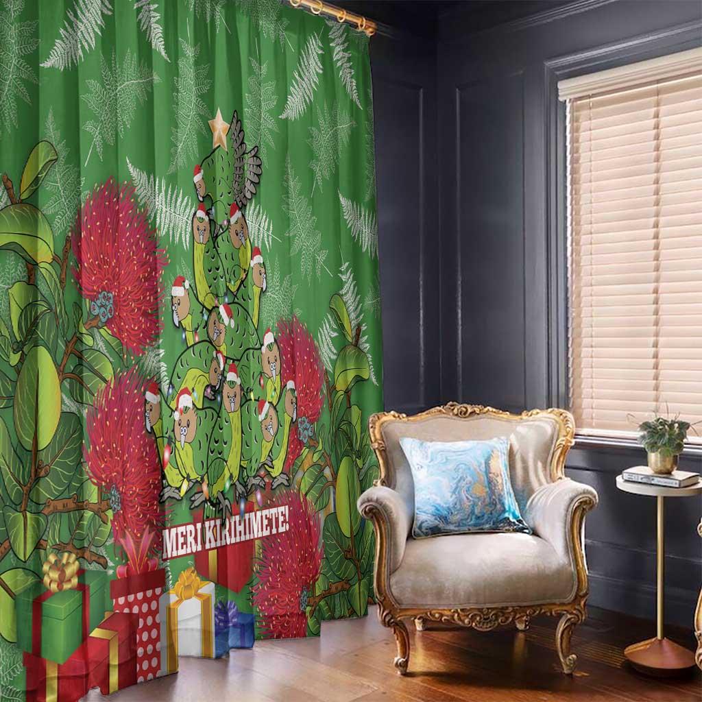 Kakapo New Zealand Christmas Window Curtain Meri Kirihimete Pohutukawa - Green Color