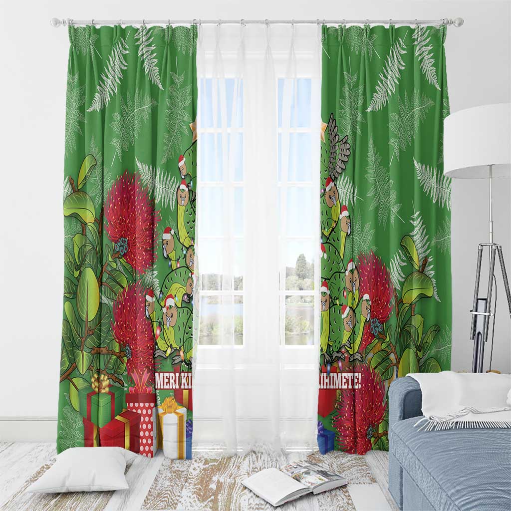 Kakapo New Zealand Christmas Window Curtain Meri Kirihimete Pohutukawa - Green Color