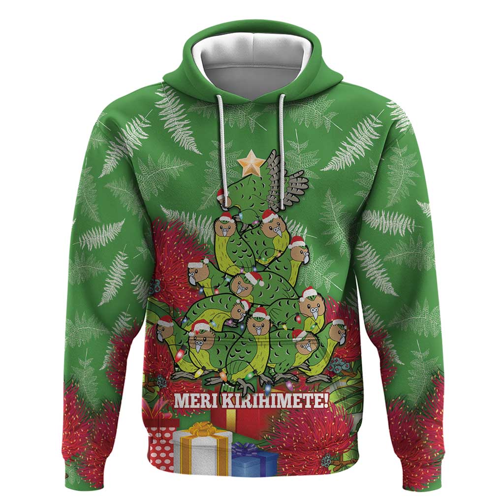 Kakapo New Zealand Christmas Zip Hoodie Meri Kirihimete Pohutukawa - Green Color LT14 Pullover Hoodie Green - Polynesian Pride
