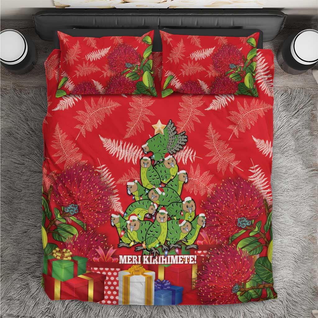 Kakapo New Zealand Christmas Bedding Set Meri Kirihimete Pohutukawa - Red Color