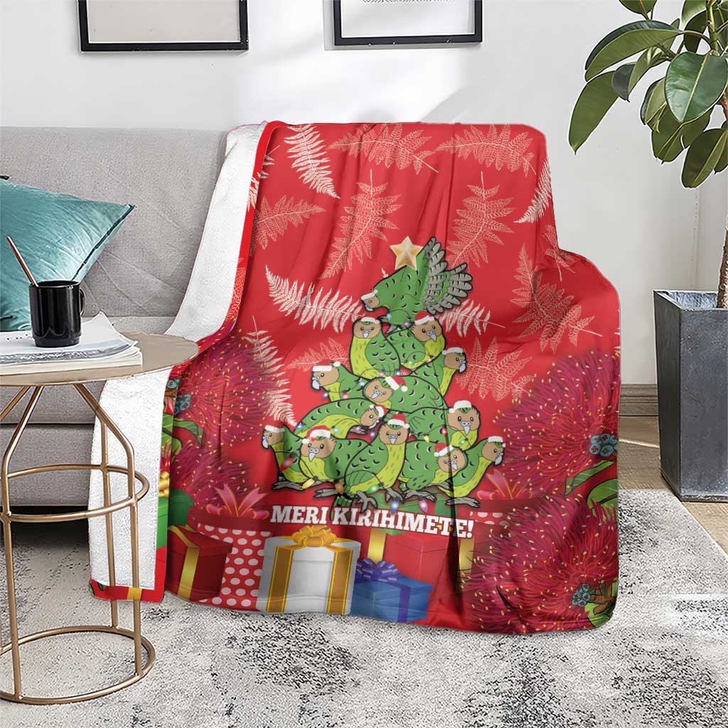 Kakapo New Zealand Christmas Blanket Meri Kirihimete Pohutukawa - Red Color