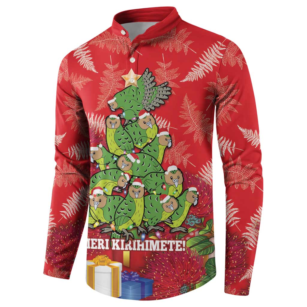 Kakapo New Zealand Christmas Button Sweatshirt Meri Kirihimete Pohutukawa - Red Color