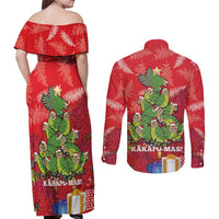 Kakapo New Zealand Christmas Couples Matching Off Shoulder Maxi Dress and Long Sleeve Button Shirt Meri Kirihimete Pohutukawa - Red Color