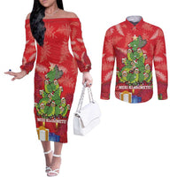 Kakapo New Zealand Christmas Couples Matching Off The Shoulder Long Sleeve Dress and Long Sleeve Button Shirt Meri Kirihimete Pohutukawa - Red Color