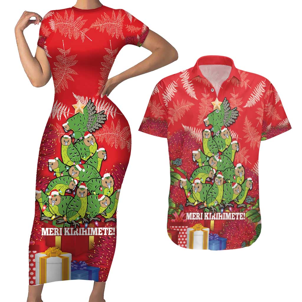 Kakapo New Zealand Christmas Couples Matching Short Sleeve Bodycon Dress and Hawaiian Shirt Meri Kirihimete Pohutukawa - Red Color