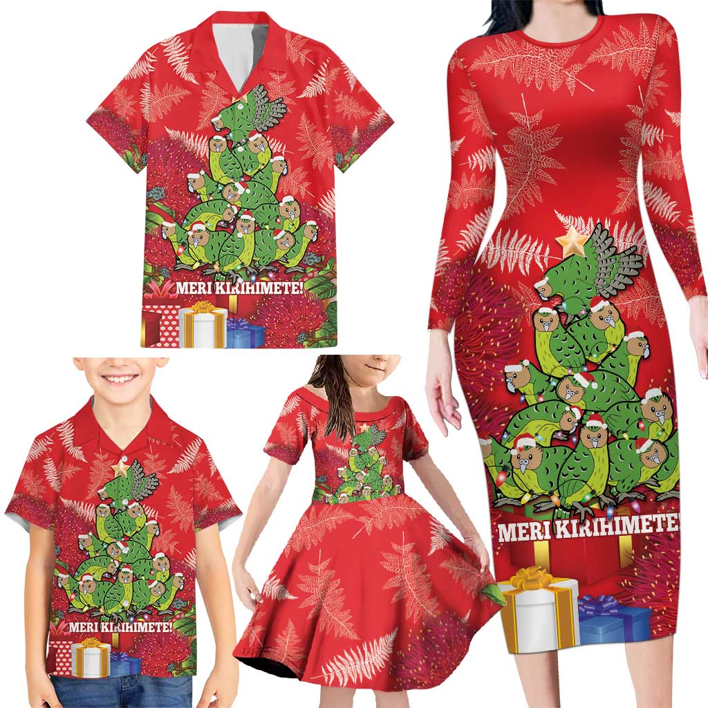 Kakapo New Zealand Christmas Family Matching Long Sleeve Bodycon Dress and Hawaiian Shirt Meri Kirihimete Pohutukawa - Red Color LT14 - Polynesian Pride