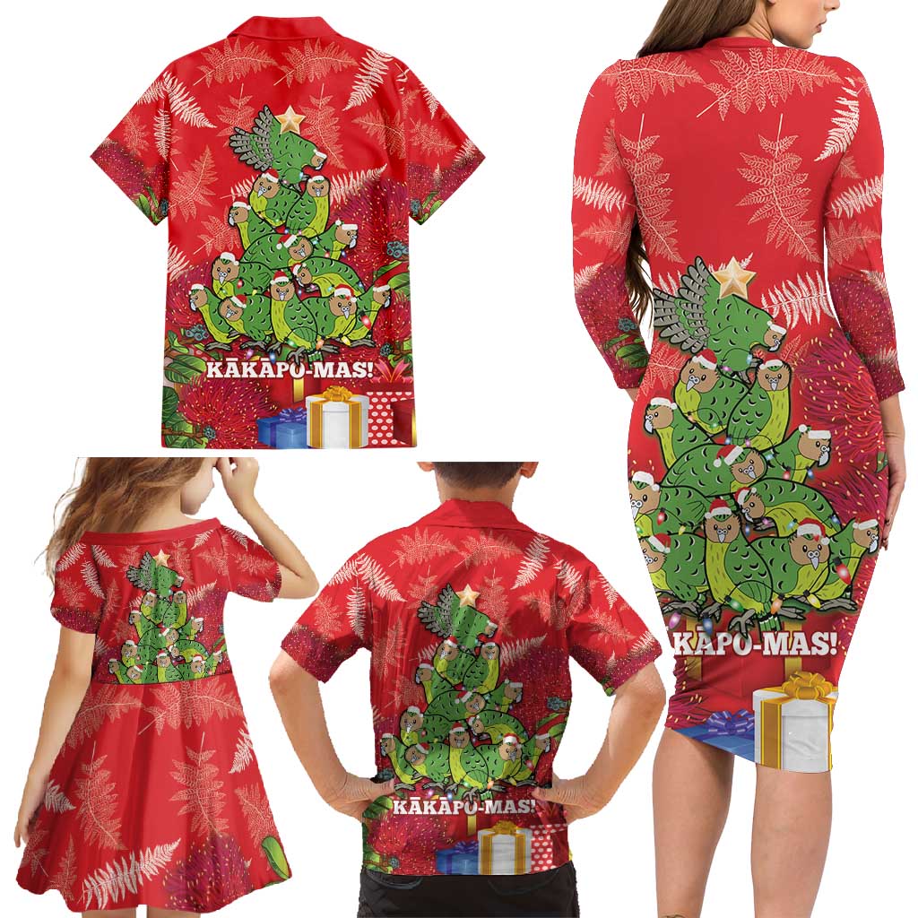 Kakapo New Zealand Christmas Family Matching Long Sleeve Bodycon Dress and Hawaiian Shirt Meri Kirihimete Pohutukawa - Red Color LT14 - Polynesian Pride