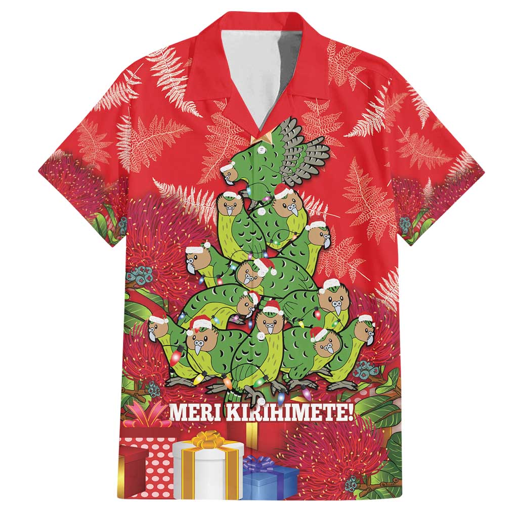 Kakapo New Zealand Christmas Family Matching Long Sleeve Bodycon Dress and Hawaiian Shirt Meri Kirihimete Pohutukawa - Red Color LT14 Dad's Shirt - Short Sleeve Red - Polynesian Pride