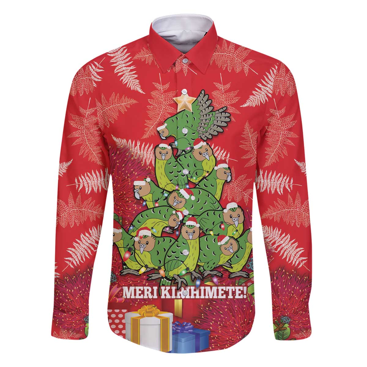 Kakapo New Zealand Christmas Family Matching Off The Shoulder Long Sleeve Dress and Hawaiian Shirt Meri Kirihimete Pohutukawa - Red Color