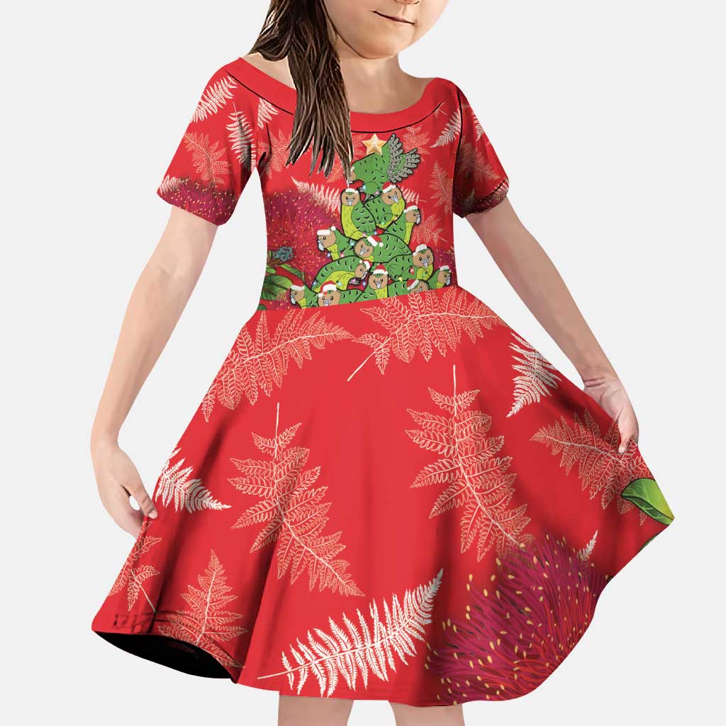 Kakapo New Zealand Christmas Family Matching Puletasi and Hawaiian Shirt Meri Kirihimete Pohutukawa - Red Color LT14 Daughter's Dress Red - Polynesian Pride