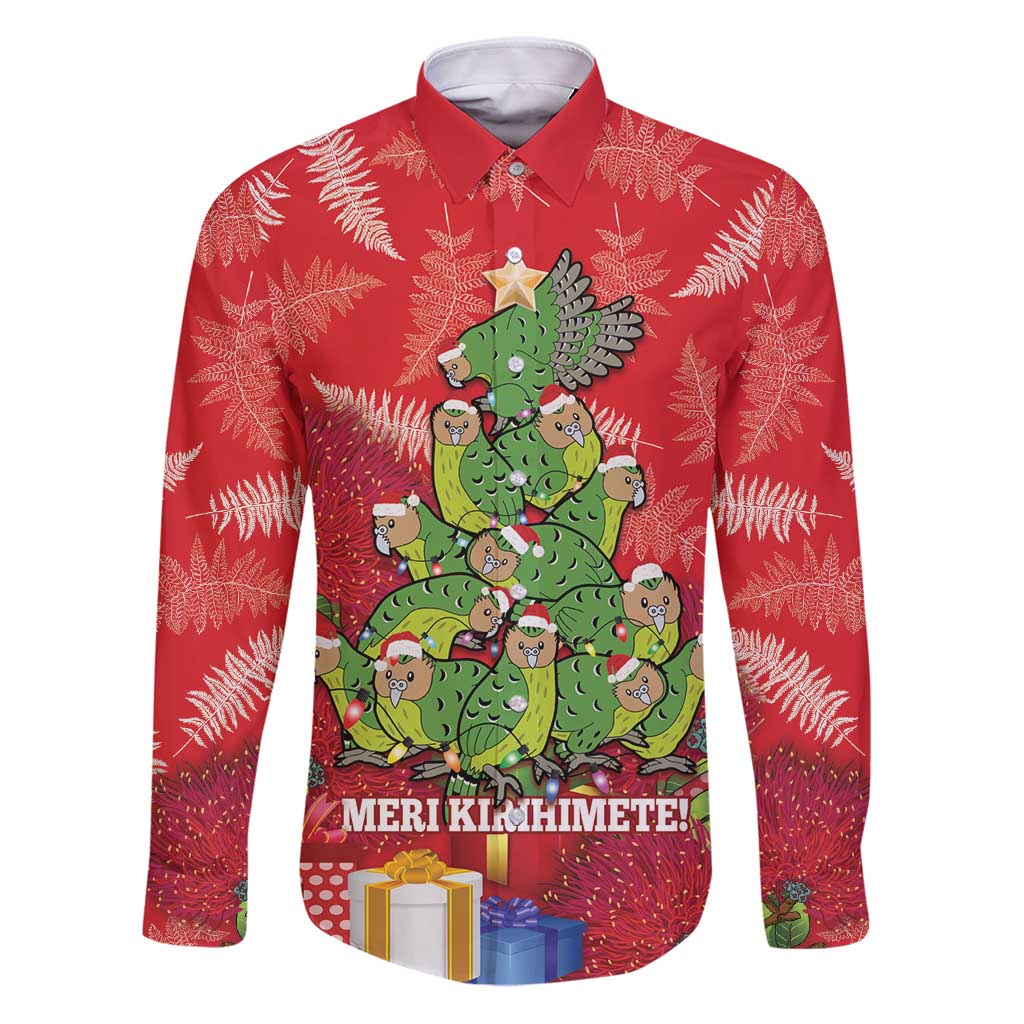 Kakapo New Zealand Christmas Family Matching Puletasi and Hawaiian Shirt Meri Kirihimete Pohutukawa - Red Color LT14 Dad's Shirt - Long Sleeve Red - Polynesian Pride